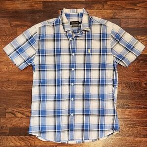 Polo Sport by Ralph Lauren Men's White and Blue Check Collar Short Sleeve Shirt
